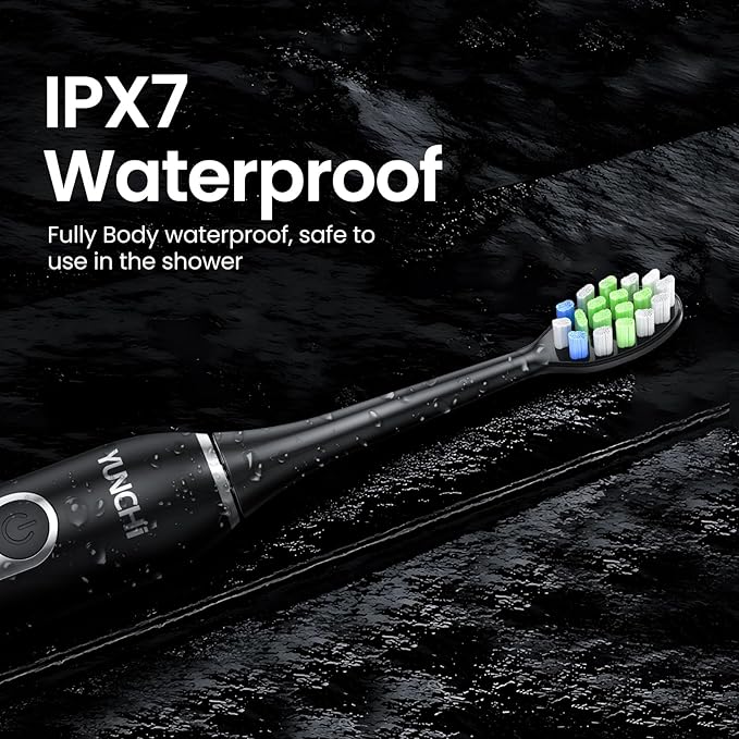 YUNCHI Electric Toothbrush for Adults and Kids, Rechargeable Sonic Electric Tooth Brush with 8 Brush Heads, 90 Days, 5 Models & 2 Minutes Smart Timer, Travel Case, 44000 VPM Motor, Black