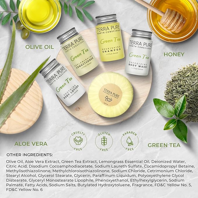 Terra Pure Green Tea Amenity Kit | Boxed Hotel Bulk Toiletries | 1 oz Shampoo, Conditioner, Lotion, Body Wash, Body Bar Soap for Guest Hospitality Vacation Rentals | 60 Sets/Case
