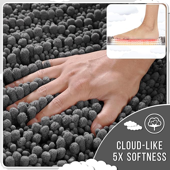 Yimobra Bathroom Rugs Non Slip Washable - Ultra Soft Absorbent Chenille Bath Mat, Quick Dry Shaggy Floor Carpet for Tub Shower, Dark Gray Home Decor Accessories, 24x17 Inch