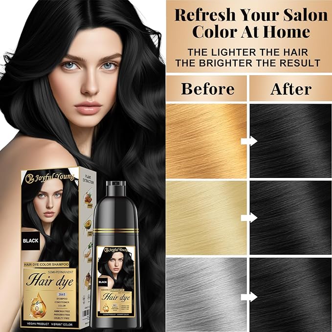 Herbal Hair Dye Shampoo 3-in-1 Vegan Color for Gray Hair - Ammonia-Free for Men & Women – Beard & Hair Coloring – Instant Gray Coverage Champú Para Canas Mujer & Hombre (BLACK)