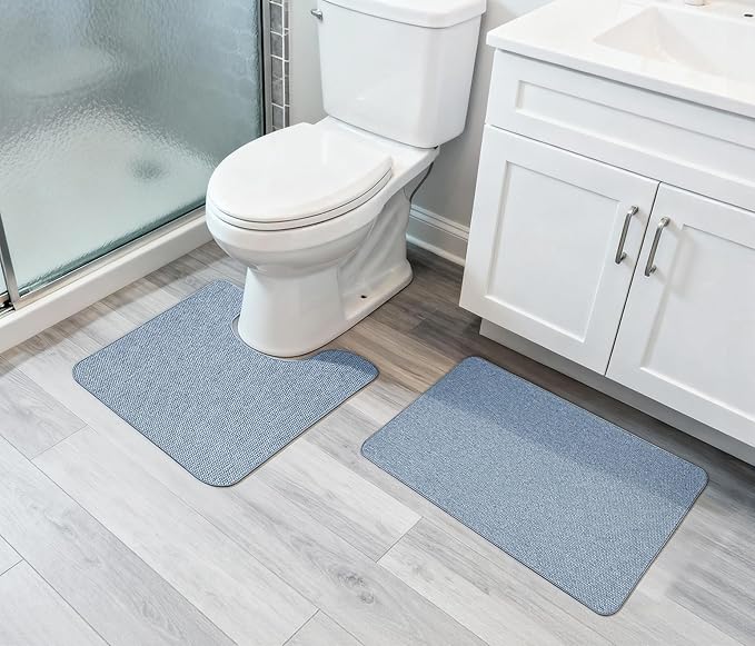 Bathroom Rugs Set 2 Pieces,Thin Bathroom Mats,Toilet Rugs,Quick Dry,Non-Slip,Machine Washable,Low Pile,Absorbent Bath Mats,Shower,Sink,Home Decor Accessories.Blue,1'5"x2'3"+1'8"x2" U Shape