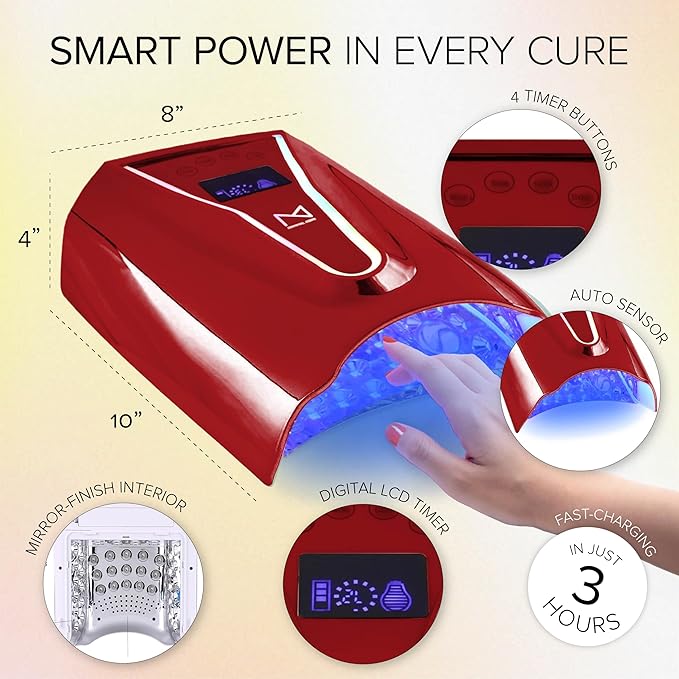 M - Crystal Cure 128W UV Nail Lamp - Fast Curing Nail Light with 45 Powerful 365nm+405nm LEDs - Cordless, Rechargeable, Auto Sensor - UV Light for Gel Nails for Manicures & Pedicures (Red)