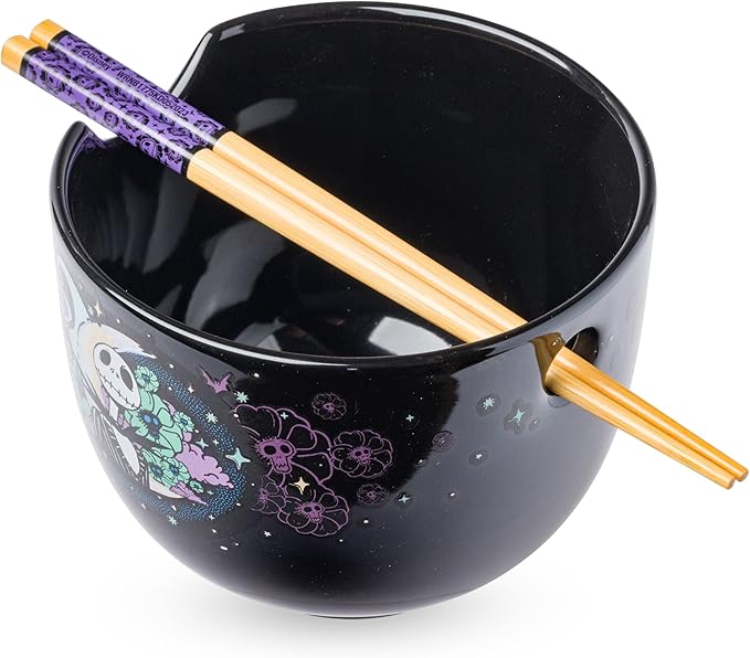 Silver Buffalo Disney Nightmare Before Christmas Starry Night Jack Skellington Ceramic Ramen Noodle Rice Bowl with Chopsticks, Microwave Safe, 20 Ounces
