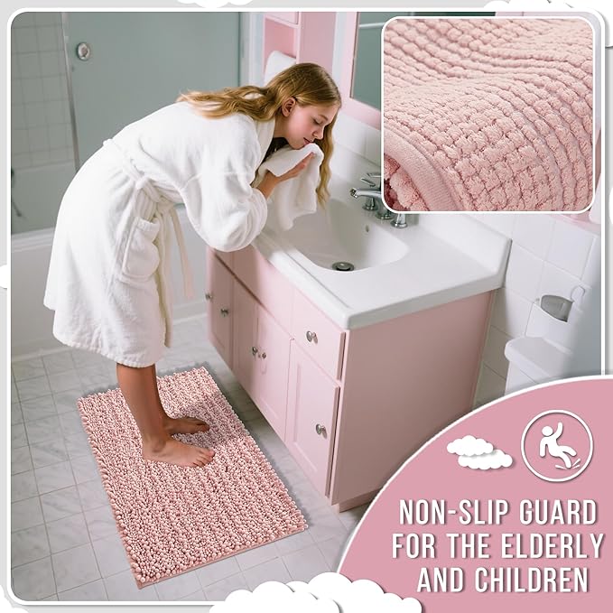 Yimobra Bathroom Rugs Non Slip Washable 32x20 Inch - Ultra Soft Absorbent Chenille Bath Mat, Quick Dry Shaggy Floor Carpet for Tub Shower, Light Pink Home Decor Accessories