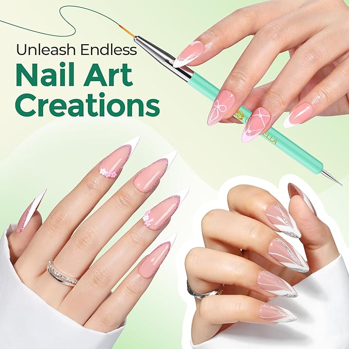 UNA GELLA Nail Art Pens 6PCS Green Color Acrylic Nail Art Design Brush Set with Gel Polish Liner Brushes Double-headed Nail Dotting Tools for DIY Home Salon Manicure Design Supplies