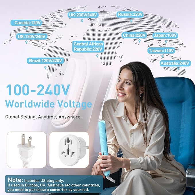 Quico Hair Straightener, 110-240V Global Travel Hair Straighteners for Women, 15s Fast Heating, Professional Negative Ion Flat Iron, Temp Memory, 320℉-450℉, Auto-Off, with Glove and Clips, Gift, Blue