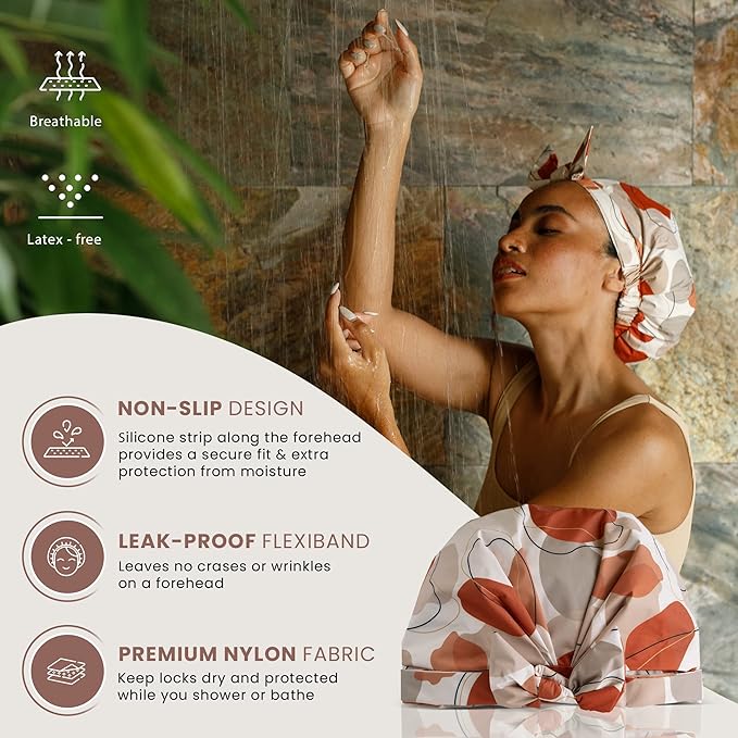 Shower Cap for Women, Luxury, Fashionable, Reusable, Waterproof Turban Shower Cap for Long Hair SMPL OBJECTS (Shapes of beige)
