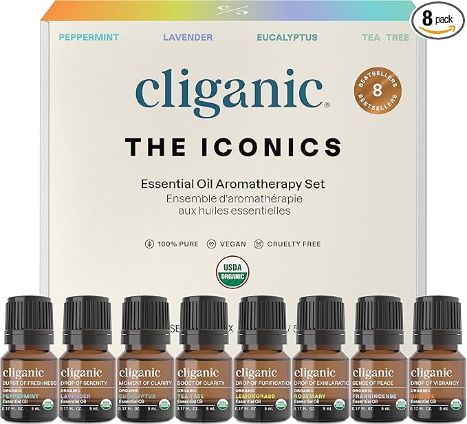 Cliganic Organic Aromatherapy Essential Oils Gift Set (Top 8 - The Iconics), 100% Pure - Peppermint, Lavender, Eucalyptus, Tea Tree, Lemongrass, Rosemary, Frankincense & Orange