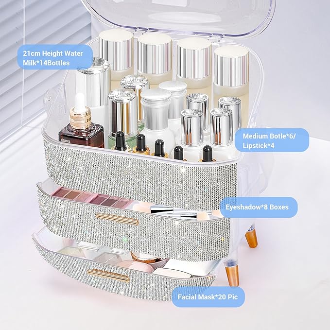 Teen Girls Gift Makeup Organizer, Skincare & Jewelry Storage, Cosmetics Display Case, Makeup Holder, Bathroom Organizer (Bling Rhinestone)
