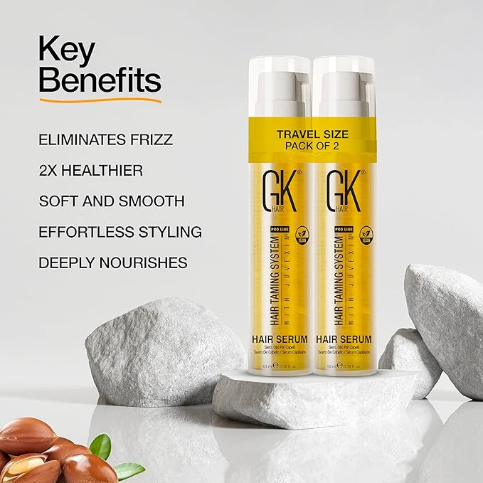 GK HAIR Travel Size Hair Oil - Vegan Argan Oil Frizz Ease Serum- Adds Smooths, Softness & repair Split Ends Paraben, Phthalate and Sulfate Free Pack of 2(0.34 oz)