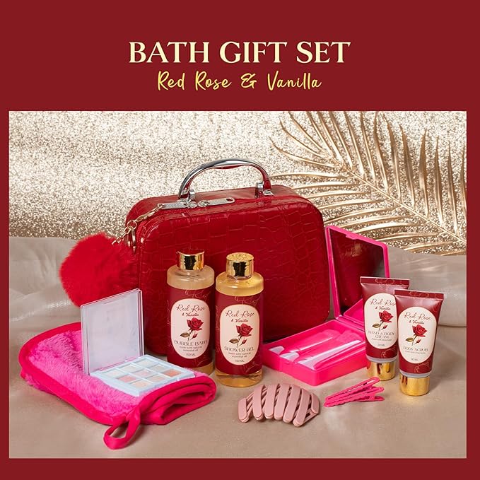 Birthday Gifts for Women Teens Girls, Spa Gift Set, Christmas Gifts for Women, 12 Pcs Rose Vanilla Bath Set, Self Care gifts Bag Makeup Cosmetic Bag, Spa Kit for Teenage Gifts, Daughter Gift Set