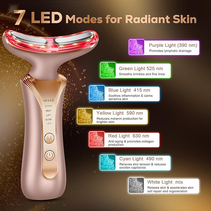 7 in 1 Multifunctional Facial Massager, Red Light Therapy for Face with 7 Modes, Face Lift Device, Portable Facial Massager for Wrinkles,Neck&Skin Care-Pink