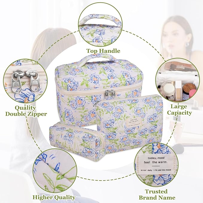 3PC Makeup Bag Set, Quilted Makeup Bag, Large Floral Cosmetic Bag for Women, Cute Cotton Makeup Bags, Flower Travel Toiletry Organizer Bag (light blue)