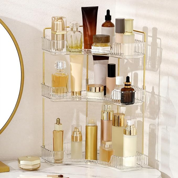 YCIA&DONE Corner Bathroom Counter Organizer, Makeup Organizer for Vanity, Skincare Cosmetic Perfume Tray, Corner Countertop Shelf Rack Storage for Bathroom Kitchen 3 Tiers (Clear White)