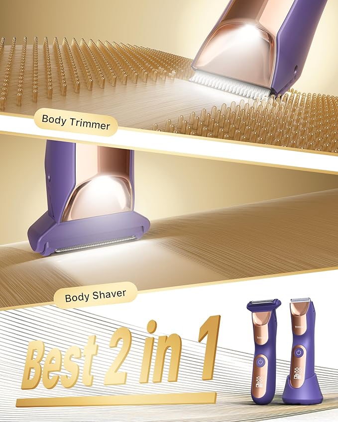 New Bikini Trimmer for Women [LED Light & Diaplay] Electric Foil Shaver for Men, Body Hair Trimmer for Face, Groin, Arm, Back, Wet/Dry Painless Groomer with Ceramic Blade,Travel Razor, Purple