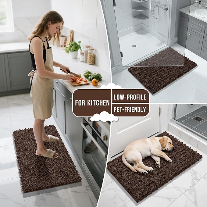 Yimobra Bathroom Rugs Non Slip Washable 32x20 Inch - Ultra Soft Absorbent Chenille Bath Mat, Quick Dry Shaggy Floor Carpet for Tub Shower, Brown Home Decor Accessories