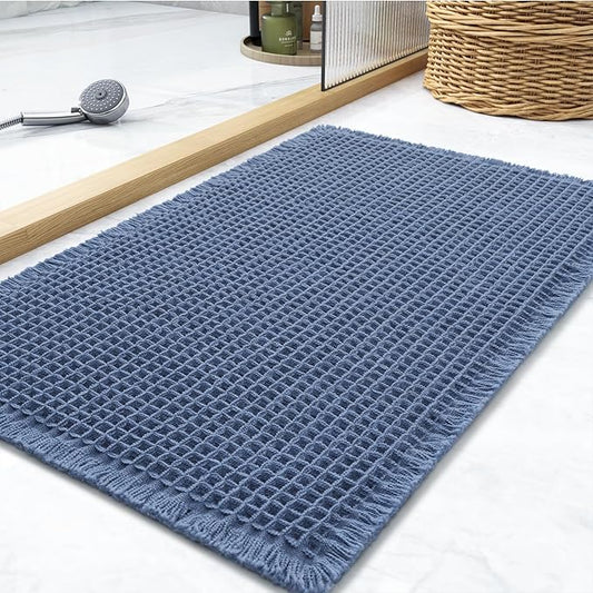 tchdio Waffle Bath Mat, Super Absorbent Non Slip Bath Mats for Bathroom, Ultra Soft Bathmat, Machine Washable, Blue, 17" x 24"