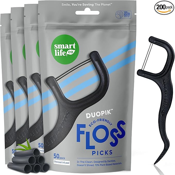 SmartLifeco Eco-Friendly Dual-Thread Dental Floss Picks (200ct) - Flossers Made with Straw Wheat Blend, Natural Teeth Whitening, Tooth Pick Stick for Adults, Activated Bamboo Charcoal Floss Thread
