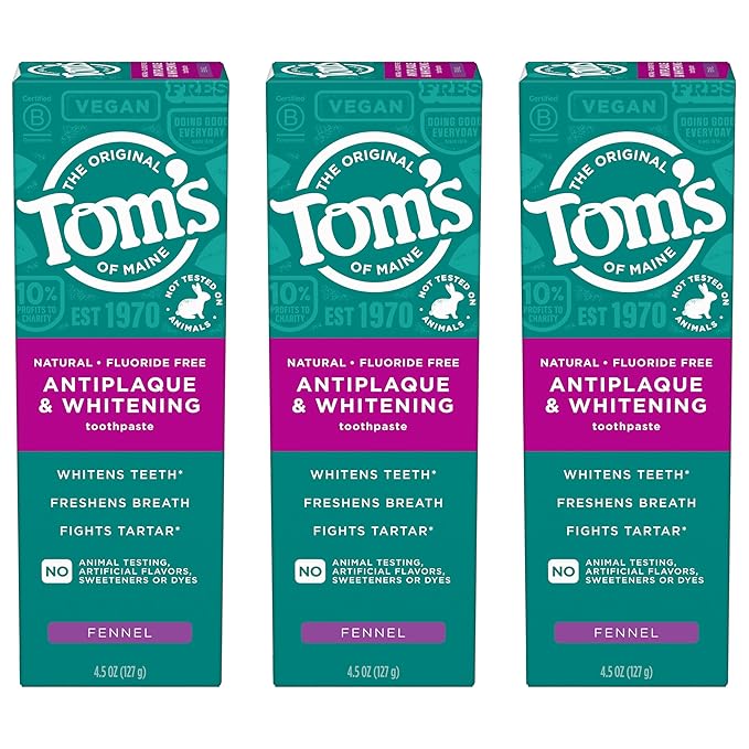 Tom’s of Maine Antiplaque and Whitening Toothpaste, Fluoride Free, Fennel, 3 Pack, 4.5 Oz