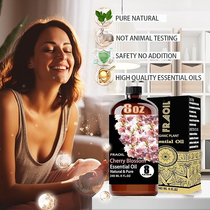 Cherry Blossom Essential Oil, Cherry Blossom Oil 8 Fl Oz 240ML for Diffuser Humidifier Yoga Cleaning DIY Candle Soap Making Perfume Gift for Women Essential Oils