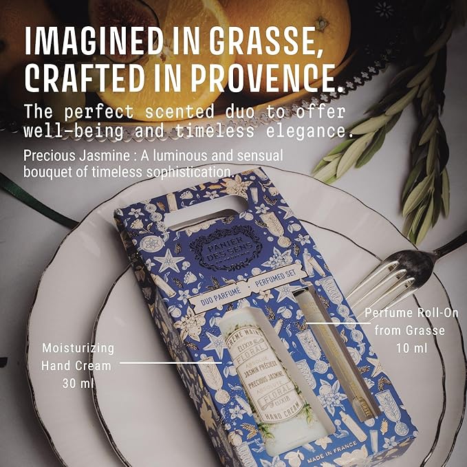 Panier des Sens - Jasmine Gift Duo - Hydrating Hand Cream with 96% Natural Ingredients & Roll-On Eau de Toilette - Made in France, Vegan, Perfect Holiday Gift - Travel Size 1.7 Fl Oz + 0.3 Fl Oz