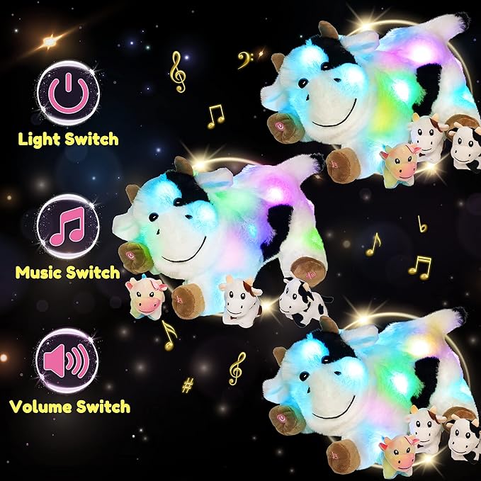 Hopearl LED Musical Stuffed Cow Lighting Up Singing Plush Toy Playset Mommy Cow with 3 Baby Dairy Cows in her Tummy Adjustable Volume Lullaby Animated Soothe for Mom Kids, 15''