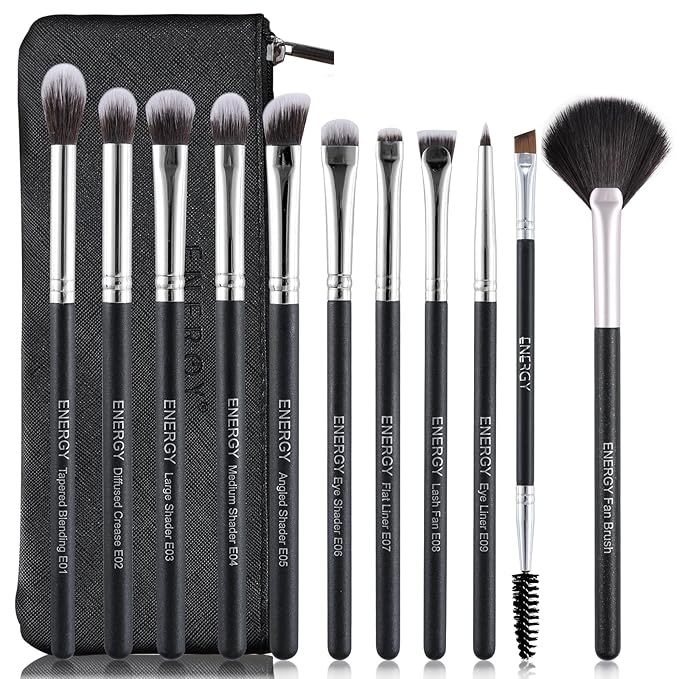 ENERGY Eyeshadow Brush Set 11PCS Professional Makeup Brushes for Eye Shadow Brows Smudge Concealer Eyeliner Eyelash Highlighter Blending Vegan Synthetic Face Make Up Kit with Travel Case Black