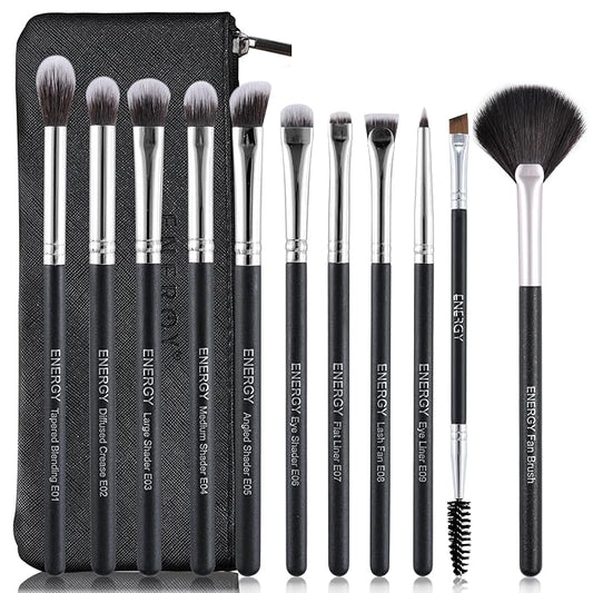 ENERGY Eyeshadow Brush Set 11PCS Professional Makeup Brushes for Eye Shadow Brows Smudge Concealer Eyeliner Eyelash Highlighter Blending Vegan Synthetic Face Make Up Kit with Travel Case Black