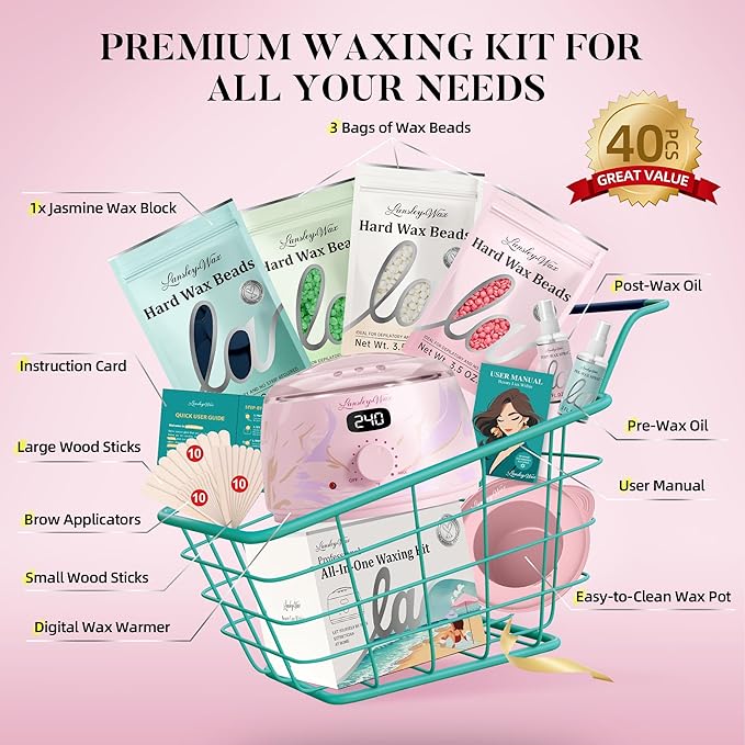 LANSLEYWAX Digital Waxing Kit for Women Men - Water Pink Waxing Machine with 39 Accessories - Hard Wax Kit for Arm Leg Brazilian Bikini Face Sensitive Skin, Wax Warmer Hair Removal for Home/Salon Use