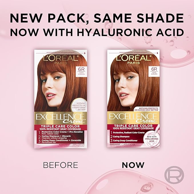 L'Oreal Paris Excellence Crème Permanent Hair Dye, Triple Care Hair Color with Pro-Keratine Complex for 100% Gray Hair Coverage, 6R Light Auburn, 1 Kit