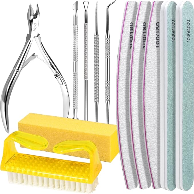FANDAMEI Nail Care Set, Nail Files 100/180, Nail Buffer Block, Cuticle Tools, Nail Cuticle Nippers, Cuticle Trimmer, Cuticle Pusher, Manicure & Pedicure Kits, Toenail File, Yellow