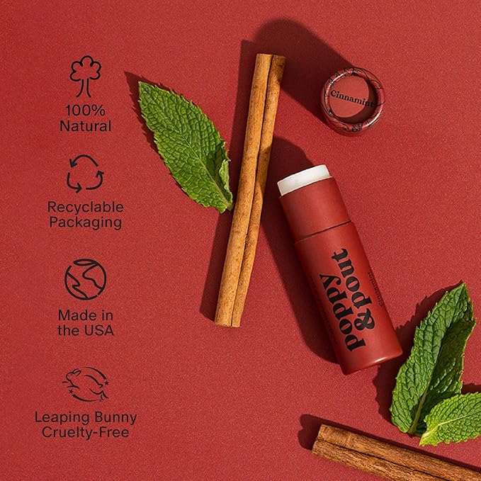 Poppy & Pout Lip Care Set | Lip Balm & Scrub | Sustainable Cardboard Tubes & Glass Jars, All Natural, Beeswax, Coconut Oil, Cruelty Free, Exfoliating & Moisturizing Lip Treatment (Cinnamint)