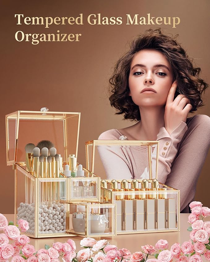 Tempered Glass Makeup Organizer – Clear Vanity Organizer with 18-Slot Lipstick Holder & Brush Organizer, Skincare and Perfume Storage for Dresser, Bathroom, and Countertop Use