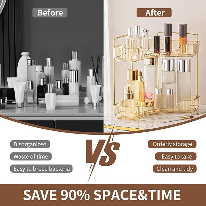 YCIA&DONE Corner Bathroom Counter Organizer, Makeup Organizer for Vanity, Skincare Cosmetic Perfume Tray, Corner Countertop Shelf Rack Storage for Bathroom Kitchen 2 Tiers (Amber Gold)