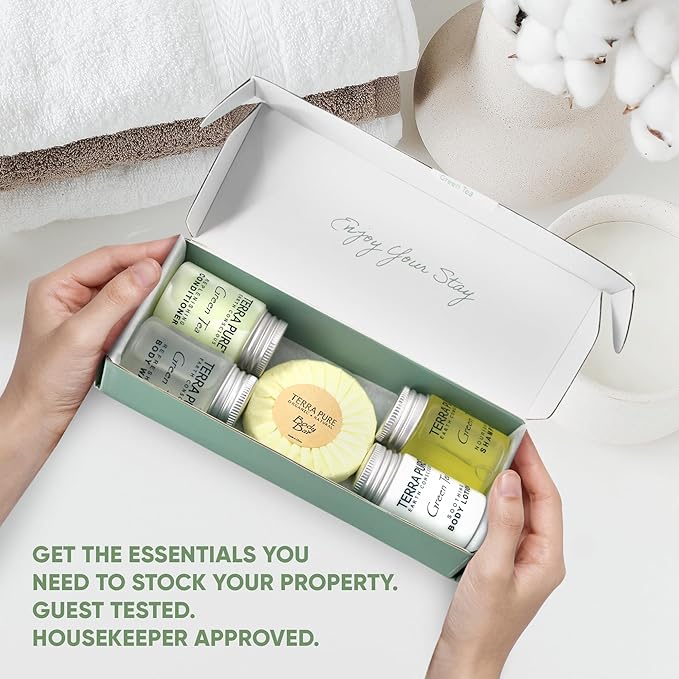 Terra Pure Green Tea Amenity Kit | Boxed Hotel Bulk Toiletries | 1 oz Shampoo, Conditioner, Lotion, Body Wash, Body Bar Soap for Guest Hospitality Vacation Rentals | 60 Sets/Case