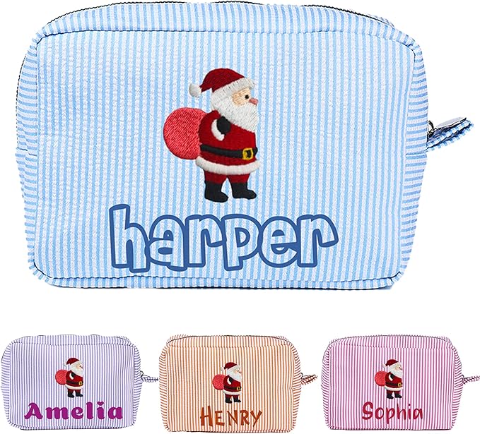Personalized Seersucker Makeup Bag with Name,Custom Embroidered Cosmetic Bag for Women Girls,Travel Toiletry Bag,Bridesmaid Gifts,Organizer Storage Pouch,Gifts for Christmas,Birthday,Wedding
