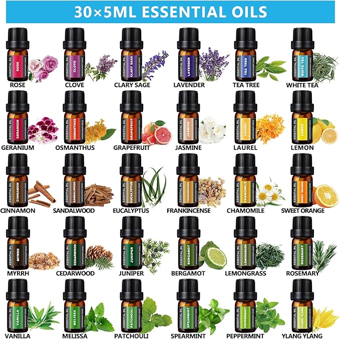 SACATR 550ml Oil Diffuser with 30x5 mL Essential Oils, Ultrasonic Technology, Remote Control for Home Office