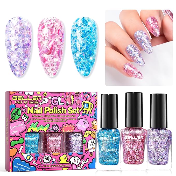 GELLEN Sparkle Nail Polish Set 3 Colors Pink Purple Blue Glitter Sequins Nail Polish Quick Dry Sparkle Fingernail Polish Non Gel Nail Lacquer Home Salon DIY Nail Art Manicure Gift