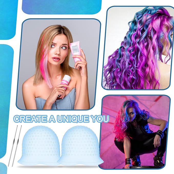 Jexine 2 Pcs Hair Coloring Highlighting Cap Reusable Silicone Highlight Cap with Holes and Hook for Hair Coloring, Frosting, Hairdressing & Highlighting, Salon Tools Kit(Blue)