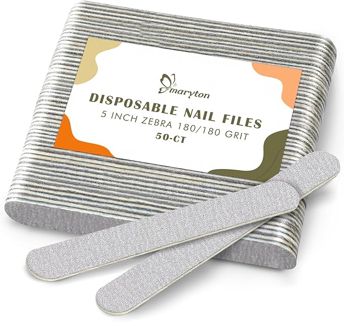 Maryton 50Pcs Disposable Nail File, 5 Inch Thin Emery Boards 180/180 Grit Nail Files for Natural Nails, Professional Pedicure Manicure Tools Set