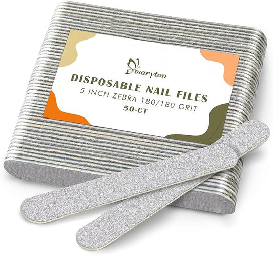 Maryton 50Pcs Disposable Nail File, 5 Inch Thin Emery Boards 180/180 Grit Nail Files for Natural Nails, Professional Pedicure Manicure Tools Set