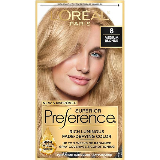 L'Oreal Paris Superior Preference Fade-Defying + Shine Permanent Hair Color, 8 Medium Blonde, Pack of 1, Hair Dye