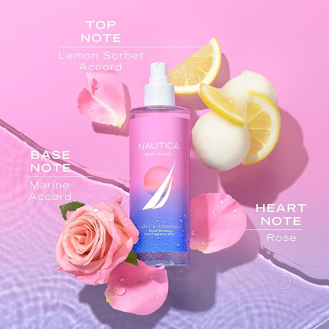 Nautica for Her Rose Island Body Mist, 8.4 Fl Oz (Pack of 1), Notes of Lemon, Rose, and Musk, Women's Fragrance, Long Lasting, Mood-Boosting Fragrance, Vegan Formula