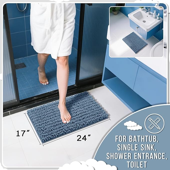 Yimobra Bathroom Rugs Non Slip Washable - Ultra Soft Absorbent Chenille Bath Mat, Quick Dry Shaggy Floor Carpet for Tub Shower, Denim Blue Home Decor Accessories, 24x17 Inch