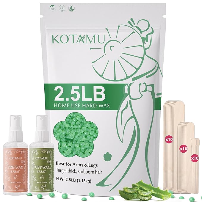 KOTAMU Waxing Beads for Women & Men, 2.5lb Hard Wax Beads for Hair Removal, Aloe Vera Wax Beans Bulk with 30 Wax Sticks Suitable for Sensitive Skin,Arm,Leg,Thick,Stubborn Hair,Home & Salon Waxing