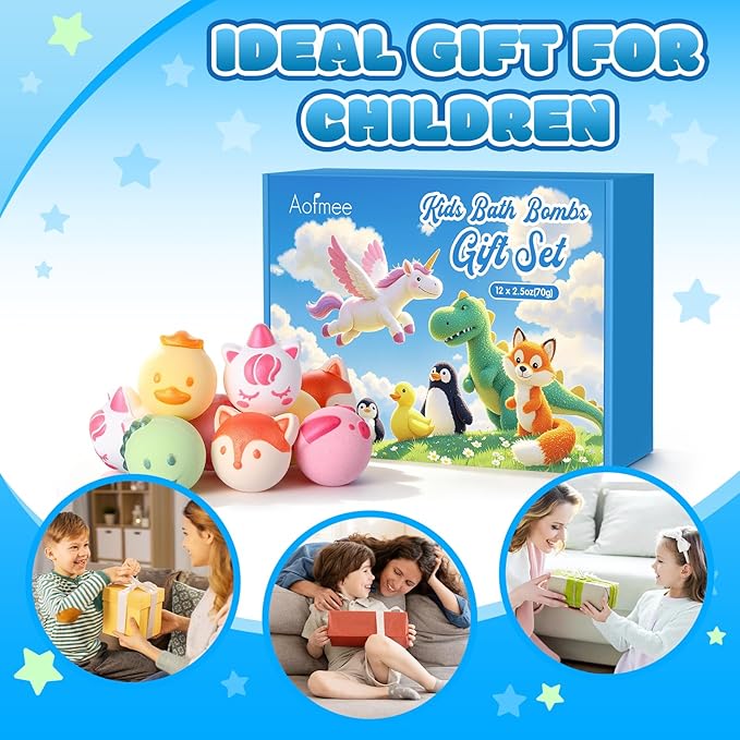 Aofmee Bath Bombs for Kids, 12 Pcs Kids Bath Bombs with Essential Oil, 6 Animal Shapes and Fruity Aroma, Natural Organic Spa Gift Set for Boys Girls, Birthday Christmas Halloween