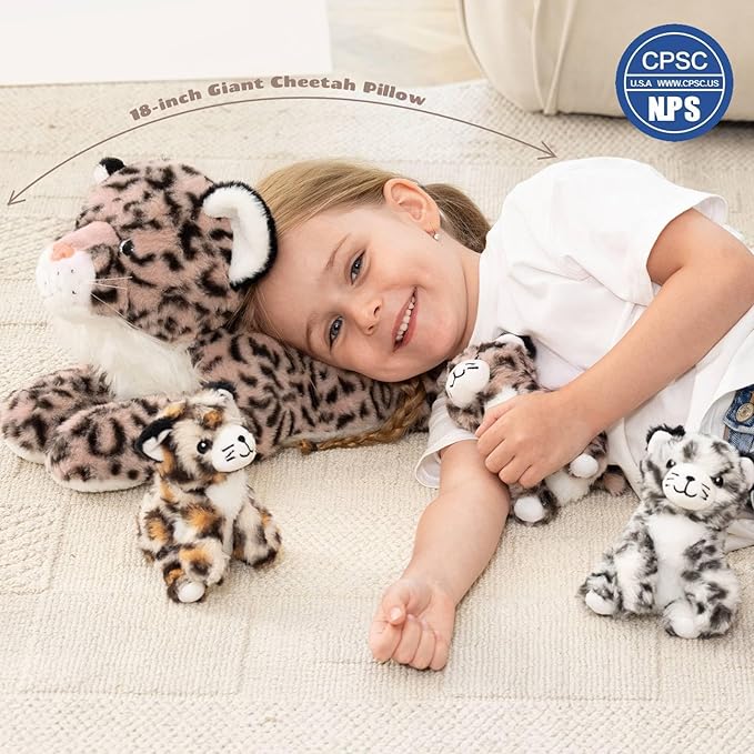 MorisMos Pink Cheetah Stuffed Animal with Babies,18" Large Mommy Leopard with Cub Plushies,Mama & Baby Leopard Stuffed Animals Set,Realistic Cheetah Toys Gift for Girl Kid Birthday Jungle Party Decor