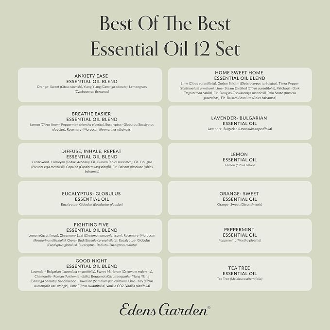 Edens Garden Essential Oils Best of The Best 12 Set – 100% Pure Therapeutic Grade: Lavender, Peppermint, Lemon, Orange, Tea Tree & More for Home Diffusers & Skin – Undiluted & Natural, 10 ml/ 12 Pack