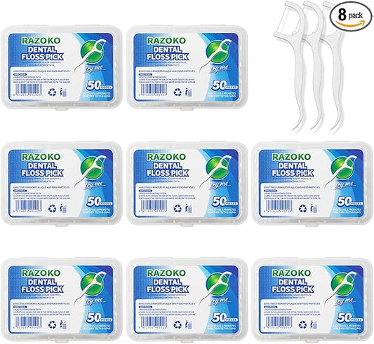 RAZOKO Dental Floss Picks High Toughness Professional Toothpicks Sticks 8-Pack(400pcs) with Portable Case and Dental Picks