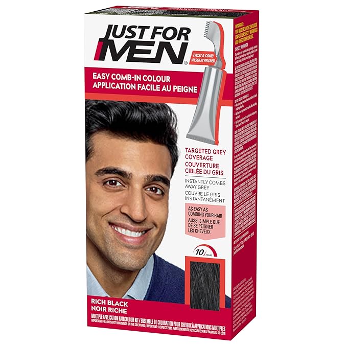 Just For Men Easy Comb-In Color Mens Hair Dye, Easy No Mix Application with Comb Applicator - Rich Black, A-65, Pack of 1